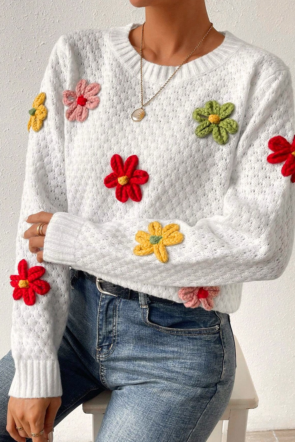 Fall Floral Appliqué Textured Knit Sweater