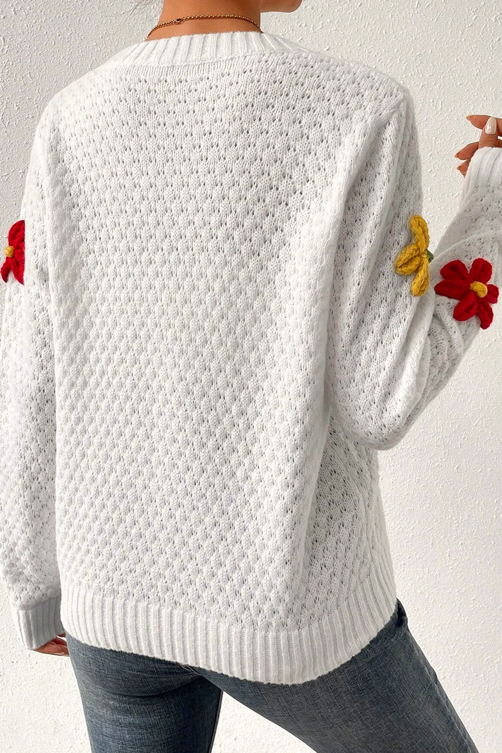 Fall Floral Appliqué Textured Knit Sweater