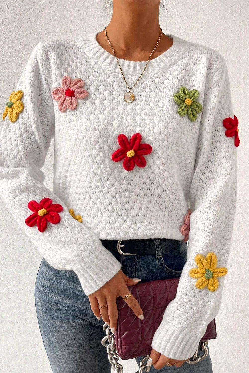 Fall Floral Appliqué Textured Knit Sweater