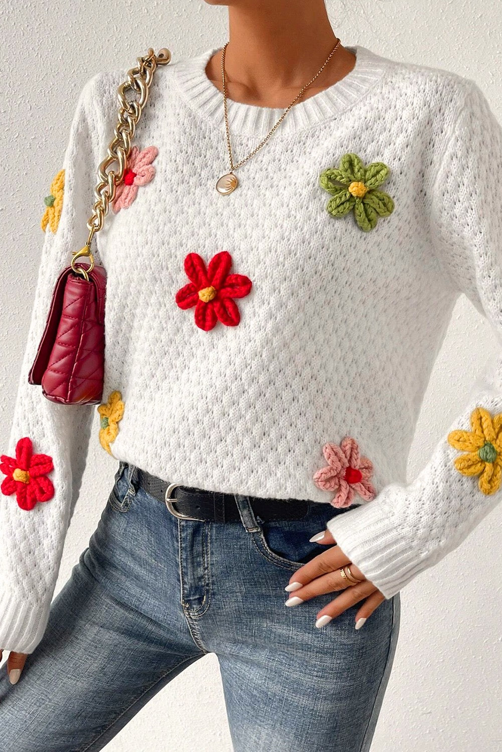 Fall Floral Appliqué Textured Knit Sweater