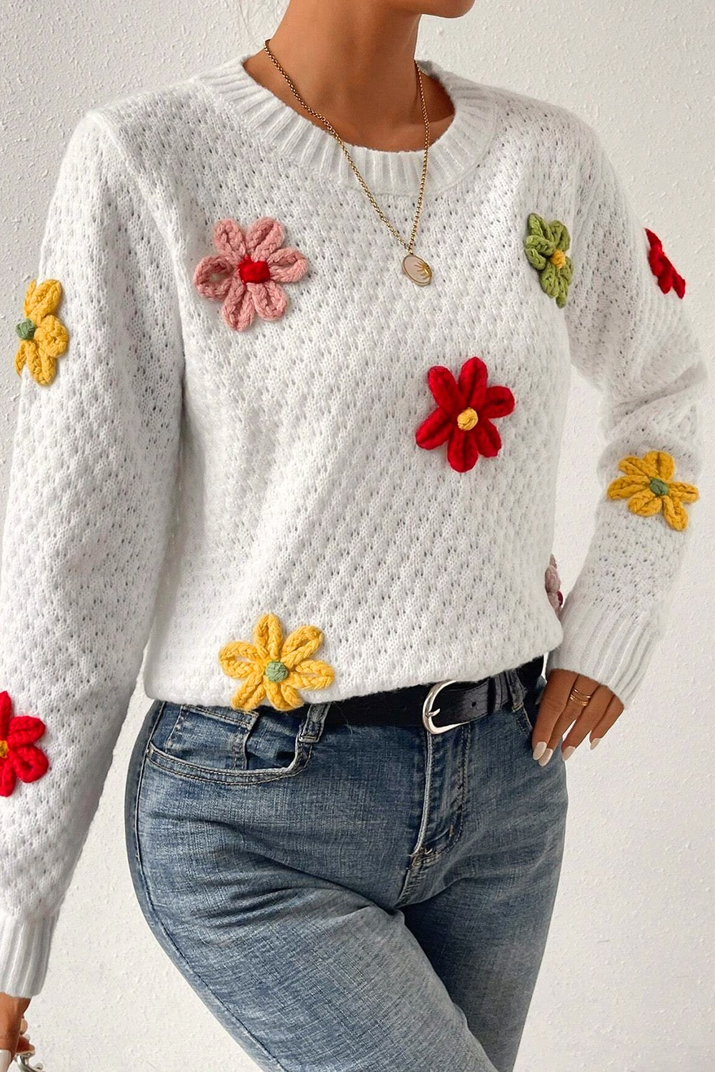 Fall Floral Appliqué Textured Knit Sweater