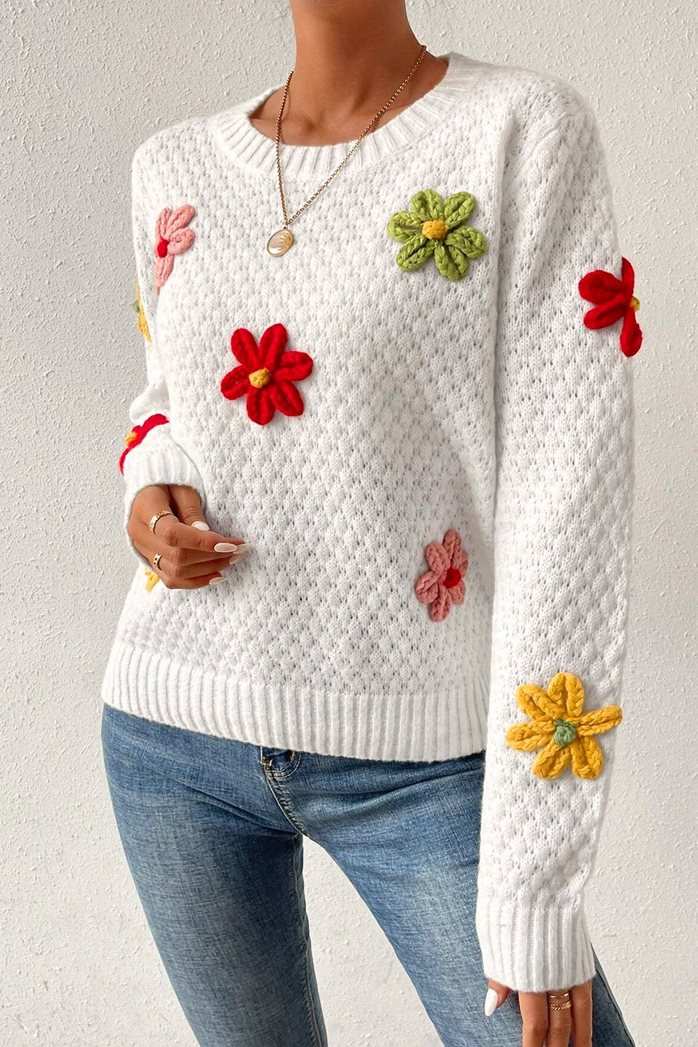 Fall Floral Appliqué Textured Knit Sweater