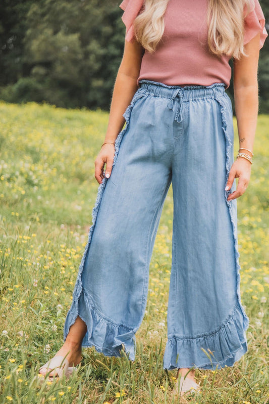 Perfectly You Raw Hem Ruffled Wide Leg Pants