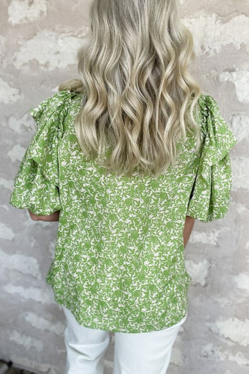Light Green Floral Puff Sleeve Blouse