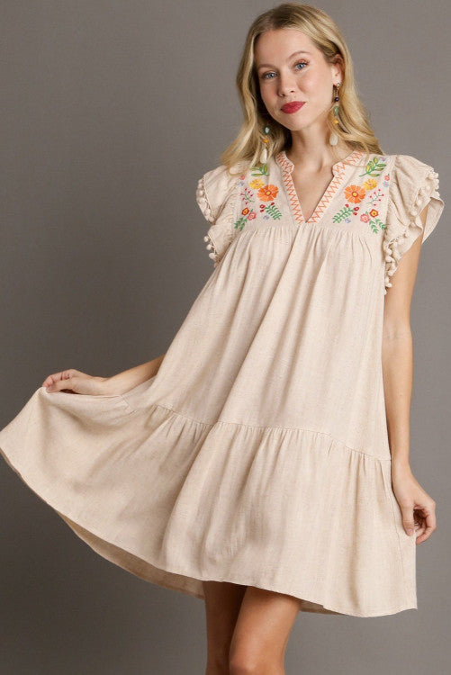 On Vacation Embroidery Pom Pom Dress