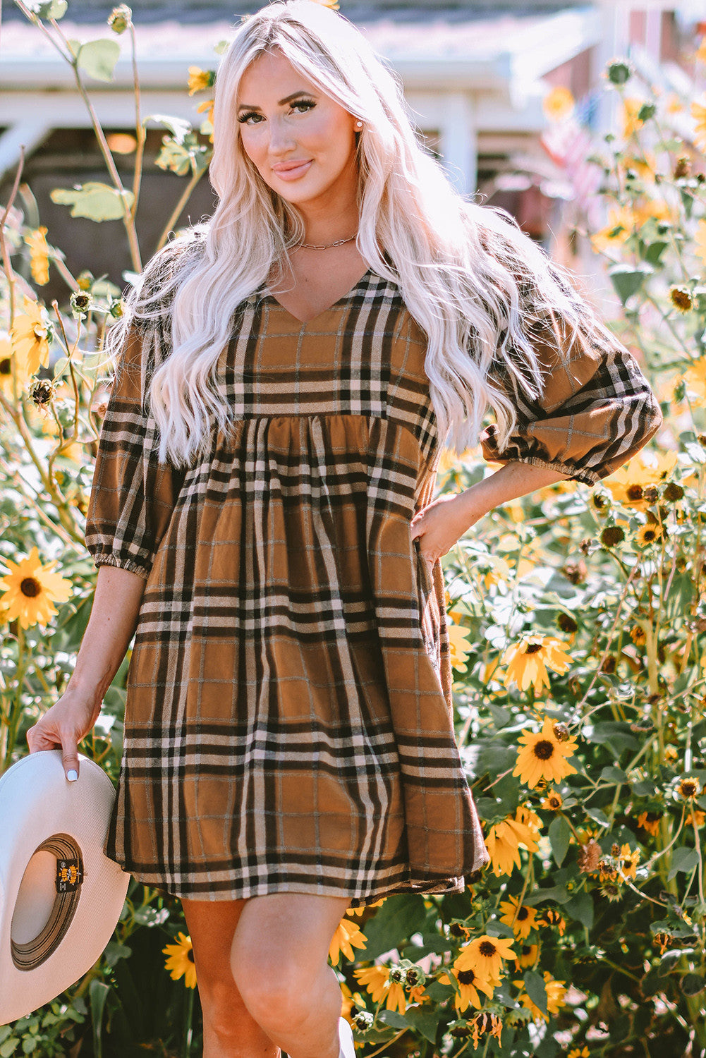 Brown Plaid Babydoll Dress