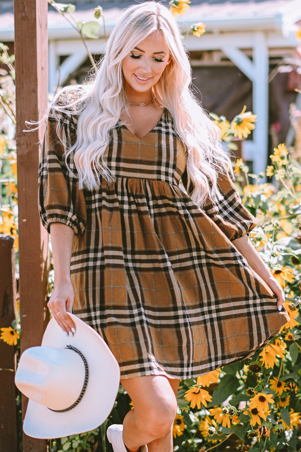 Brown Plaid Babydoll Dress