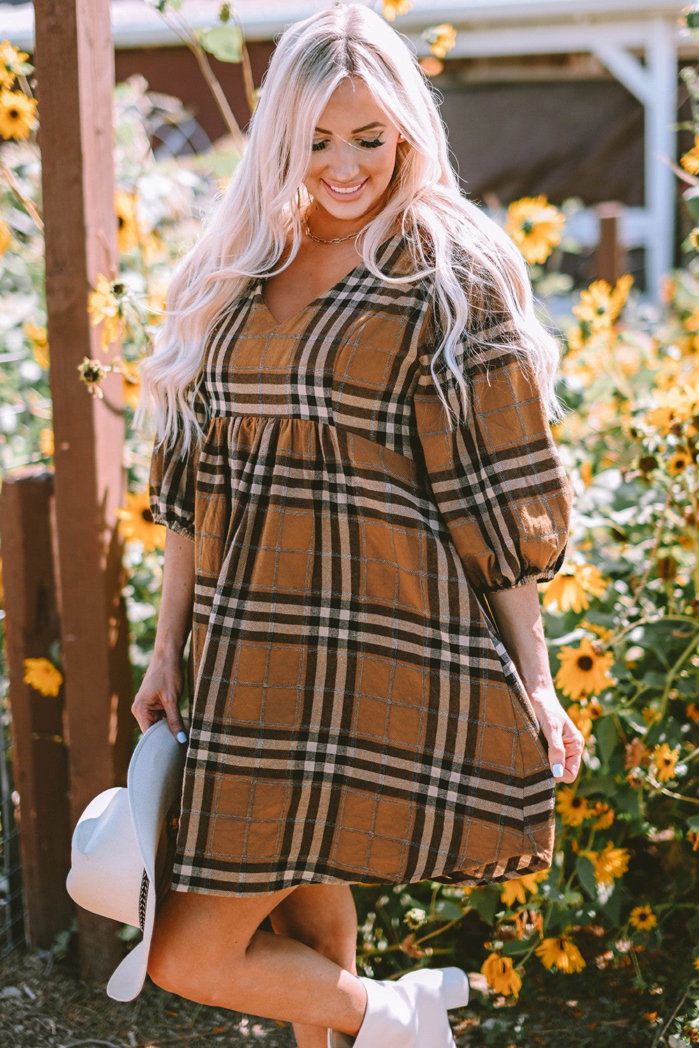 Brown Plaid Babydoll Dress