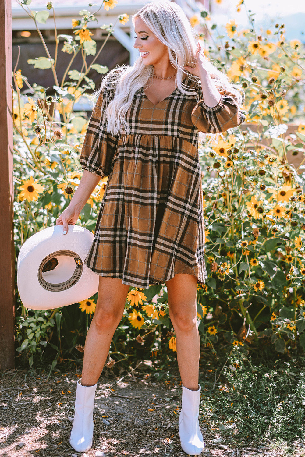 Brown Plaid Babydoll Dress