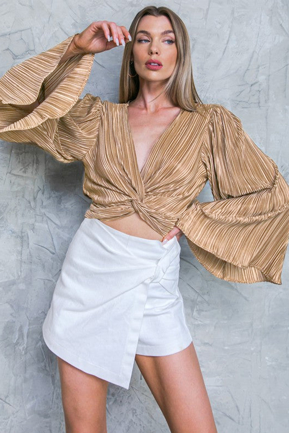 Pleated Bell Sleeve Blouse