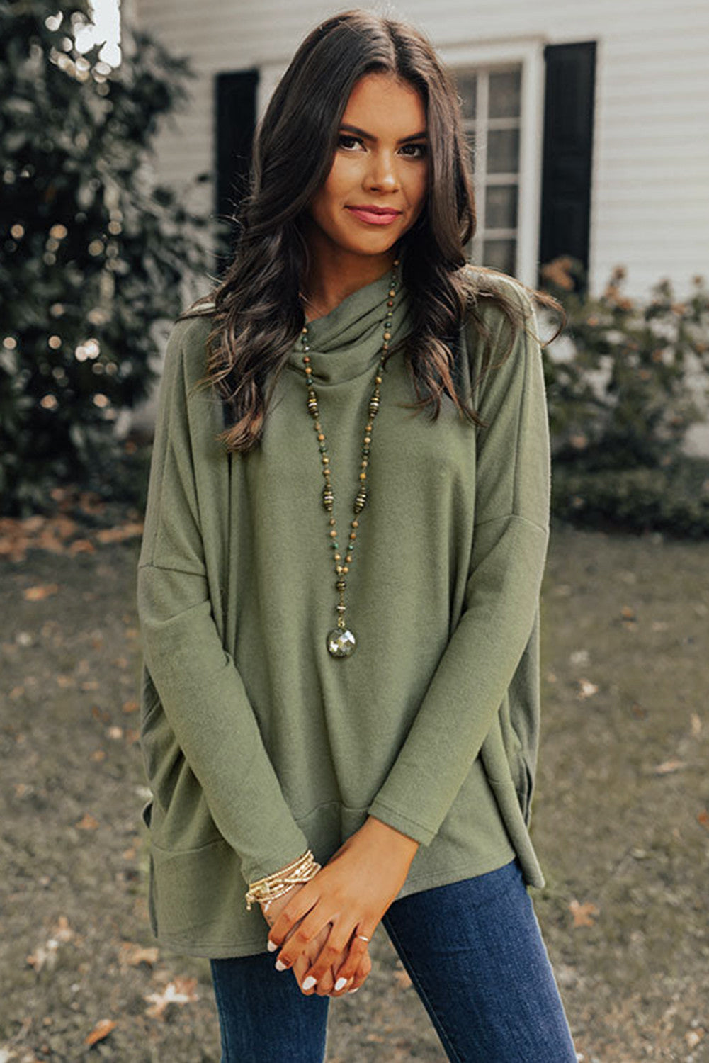 Green Cowl Neck Tunic Sweater