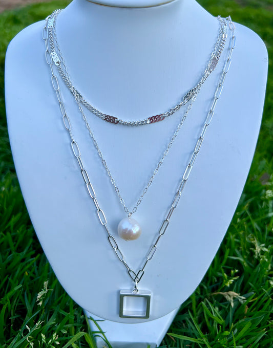 Square & Pearl Silver Layered Necklace