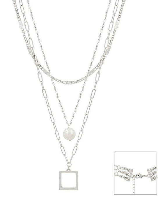 Square & Pearl Silver Layered Necklace