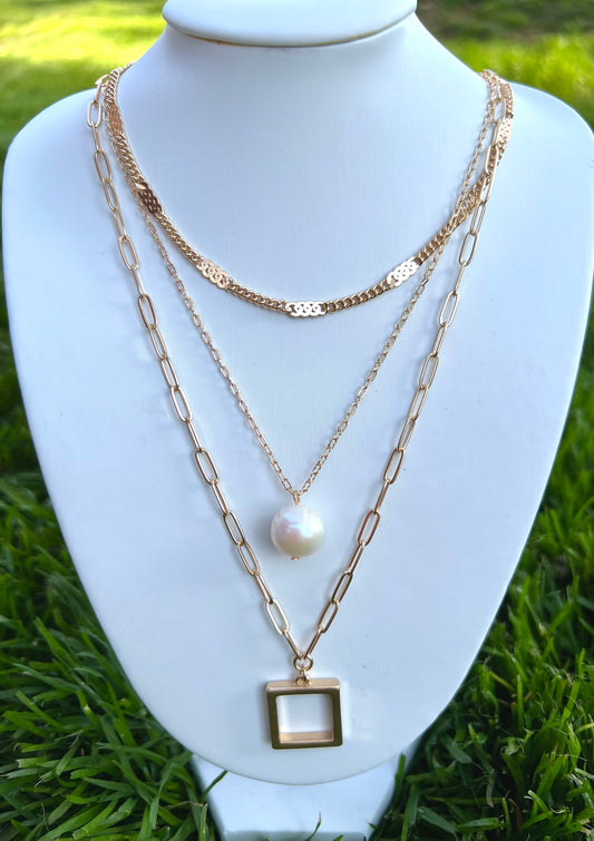 Square & Pearl Gold Layered Necklace